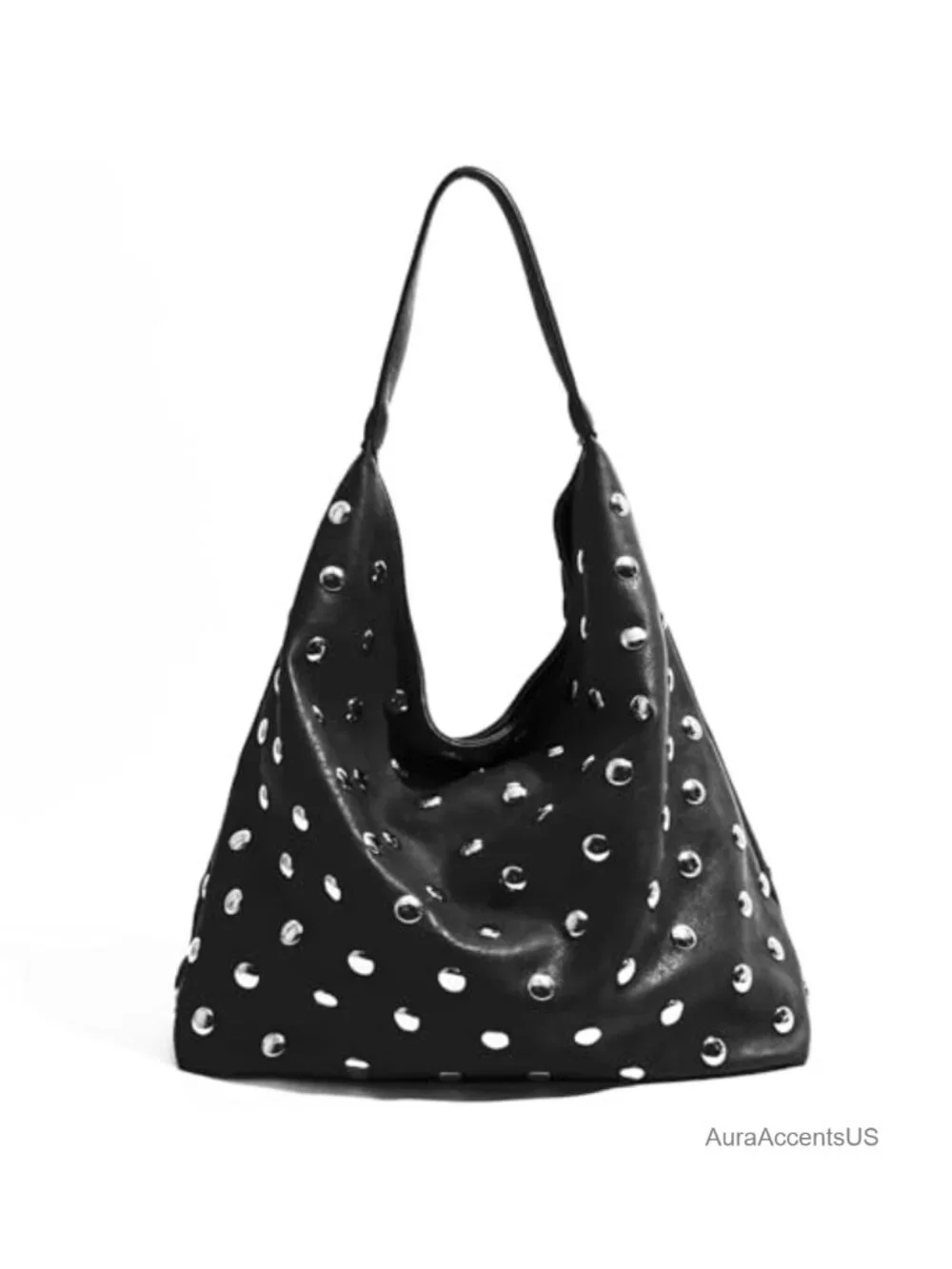 Studded Vegan Leather Hobo Tote Bag Women Large Capacity Silver Studs Punk